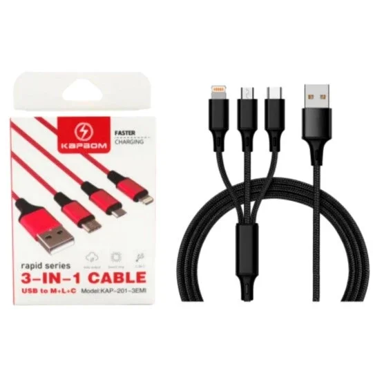 CABO KAPBOM KAP-201 USB 3X1 TIPO-C/IOS/MICROUSB 120CM PRETO(A)