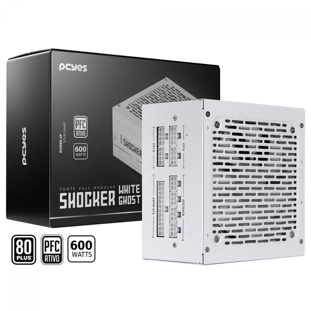FONTE GAMER PCYES SHOCKER FULL MODULAR 600W 80 PLUS - BRANCO (A)