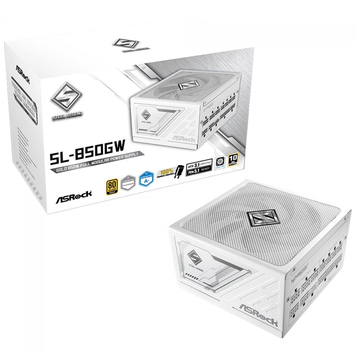 FONTE ASROCK STEEL LEGEND WHITE, 850W, 80 PLUS GOLD, CYBENETICS PLATINUM, FULL MODULAR, ATX 3.1, PCI
